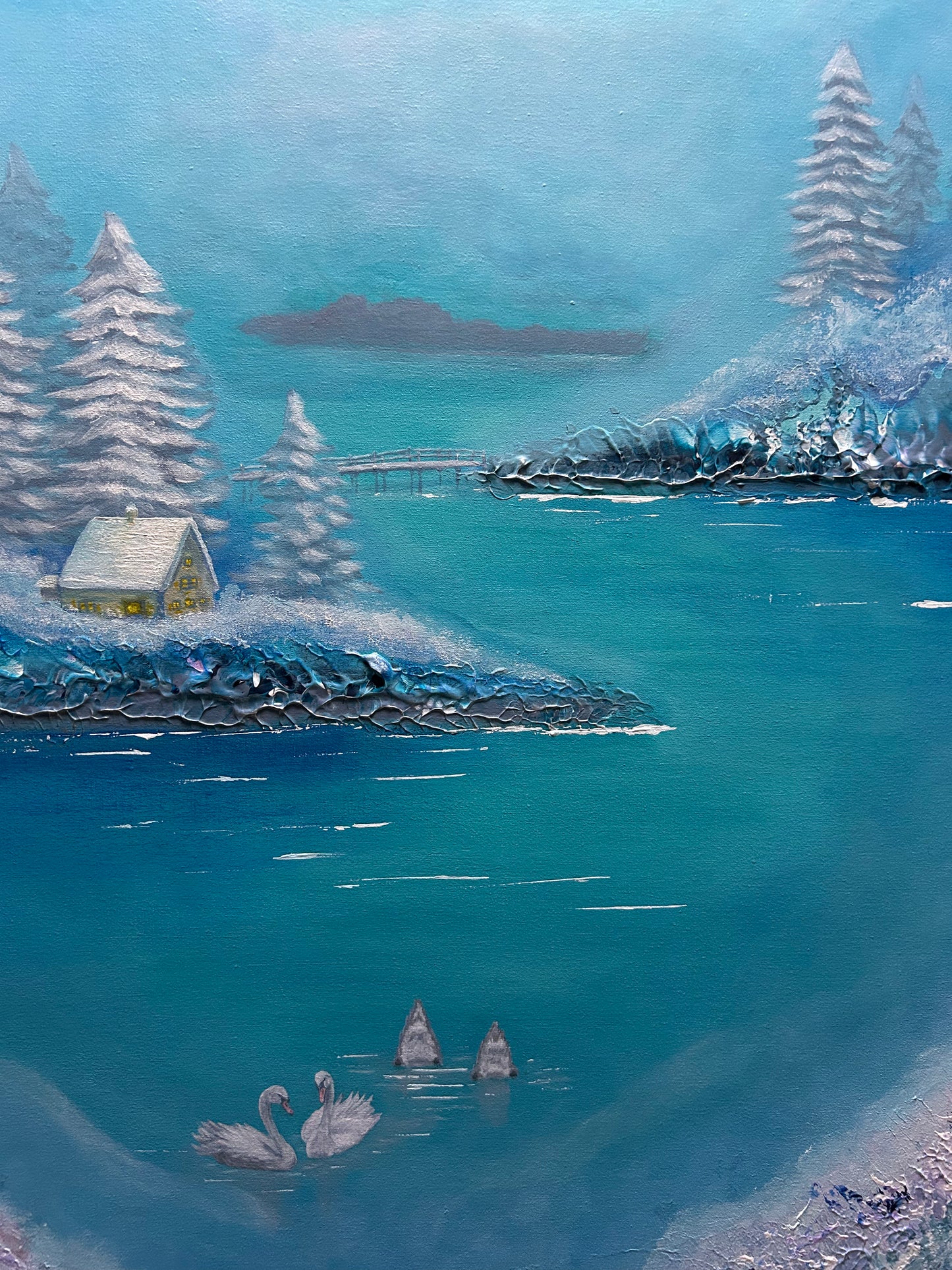 Finnish nature painting swans blue winter snow trees