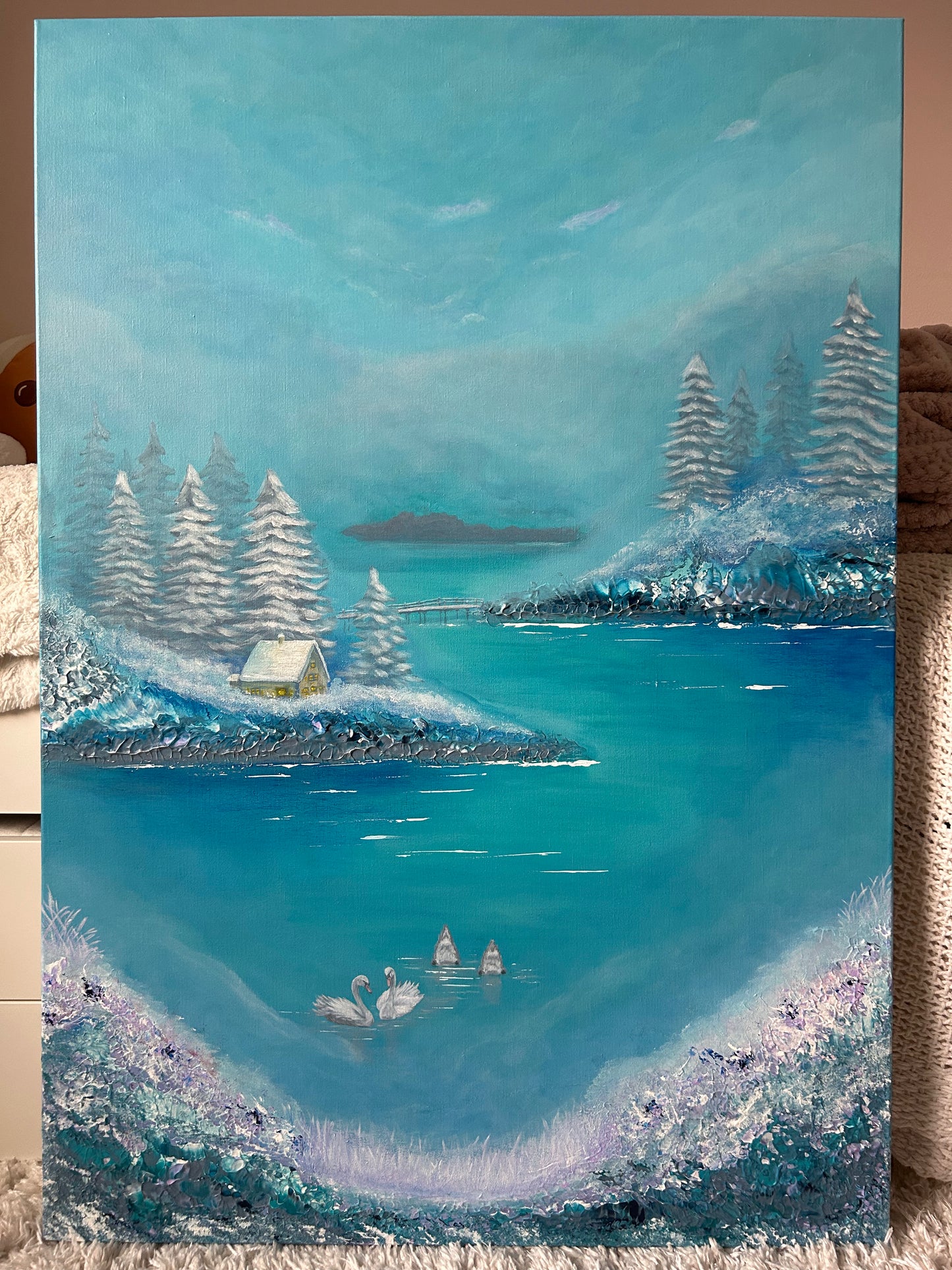 Finnish nature painting swans blue winter snow trees