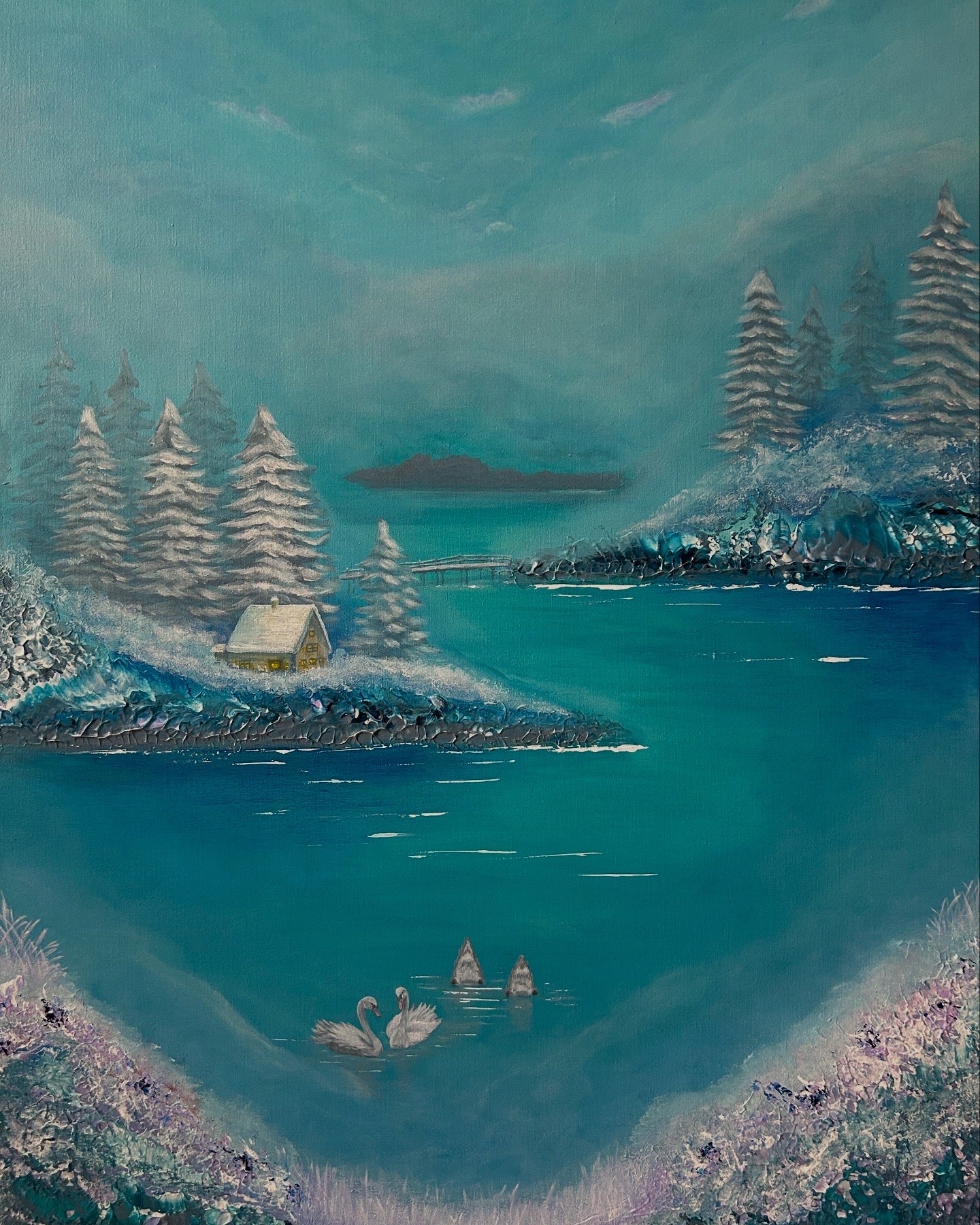 A painting of a family of swans on a frozen lake with a snowy backdrop and trees in the distance.