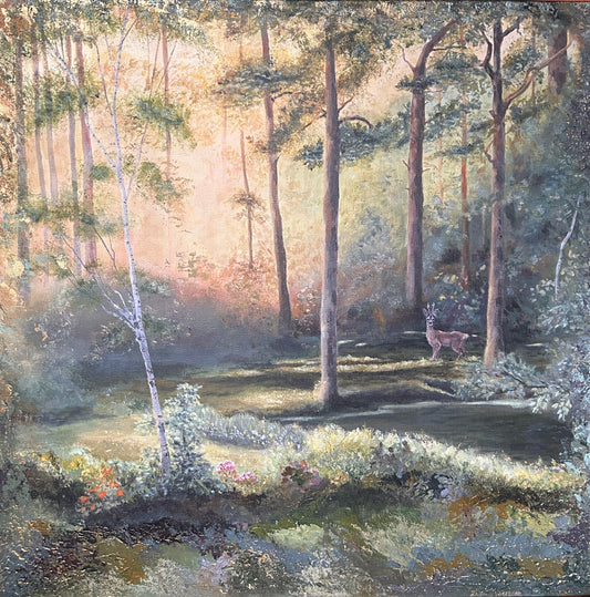 Painting of a serene forest scene with a deer