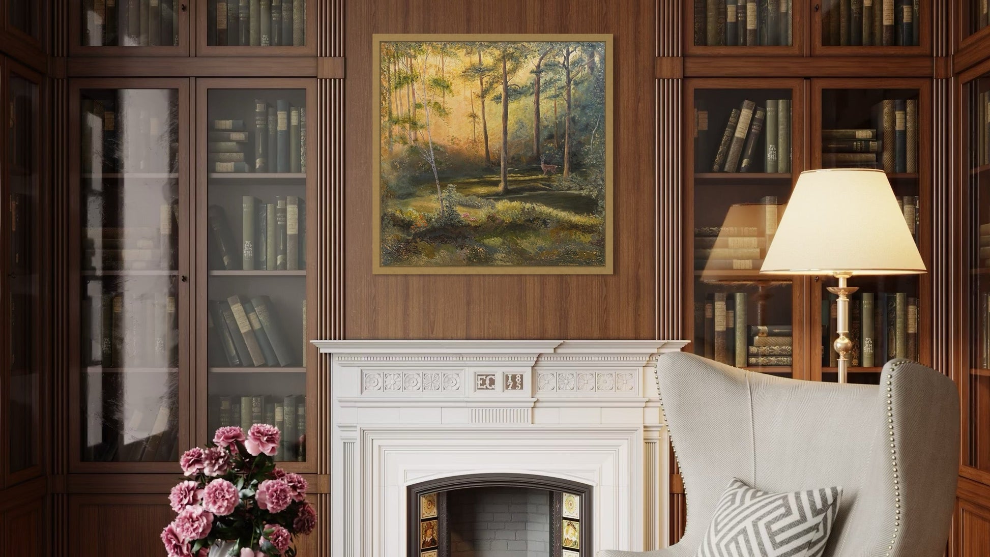 Living room with wooden bookshelves, a fireplace, and a painting on the wall.