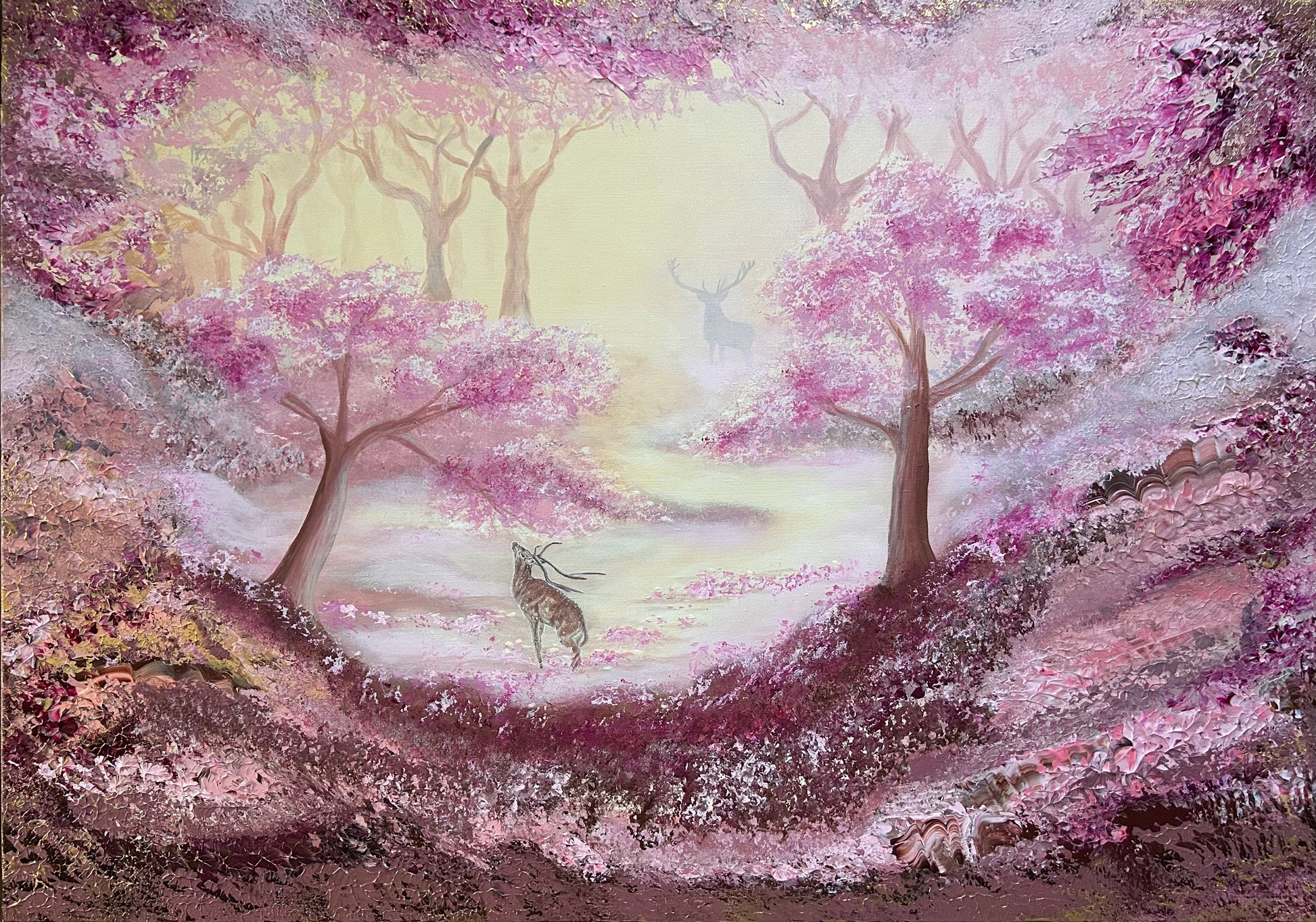 A painting featuring a serene forest scene with soft pink and white tones, depicting a deer in the distance.