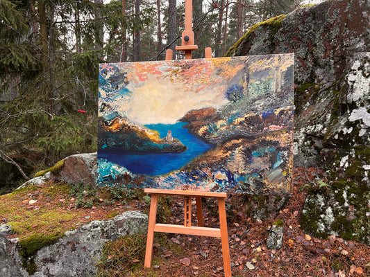 Acrylic painting depicting a forest scene with a prominent blue element, displayed on a easel outdoors.
